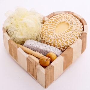 Gift Set for Women & Men for Bath & Body Care - Gift Hamper for At Home Shower & Spa - Wooden Heart Box with Body & Foot Massager, Pumice Stone, Bamboo Hair Detangling Brush, Loofah, Body Sponge Hemp - 1 Set
